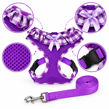 Purple Plaid Breathable Mesh Puppy Harness Set
