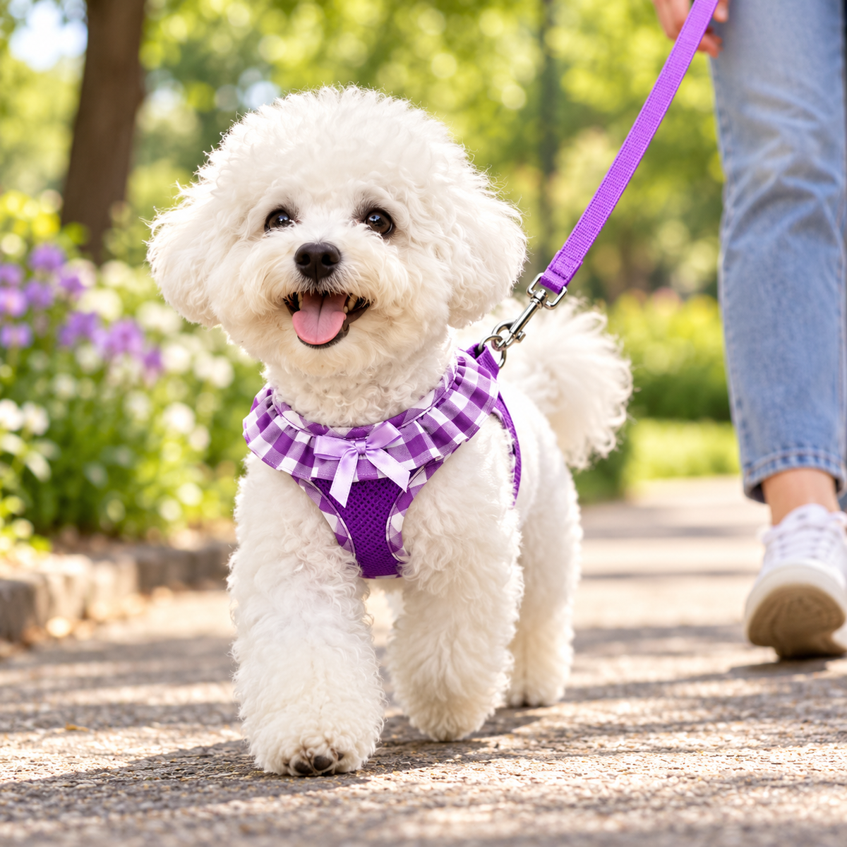 Purple Plaid Breathable Mesh Puppy Harness Set