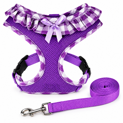 Purple Plaid Breathable Mesh Puppy Harness Set