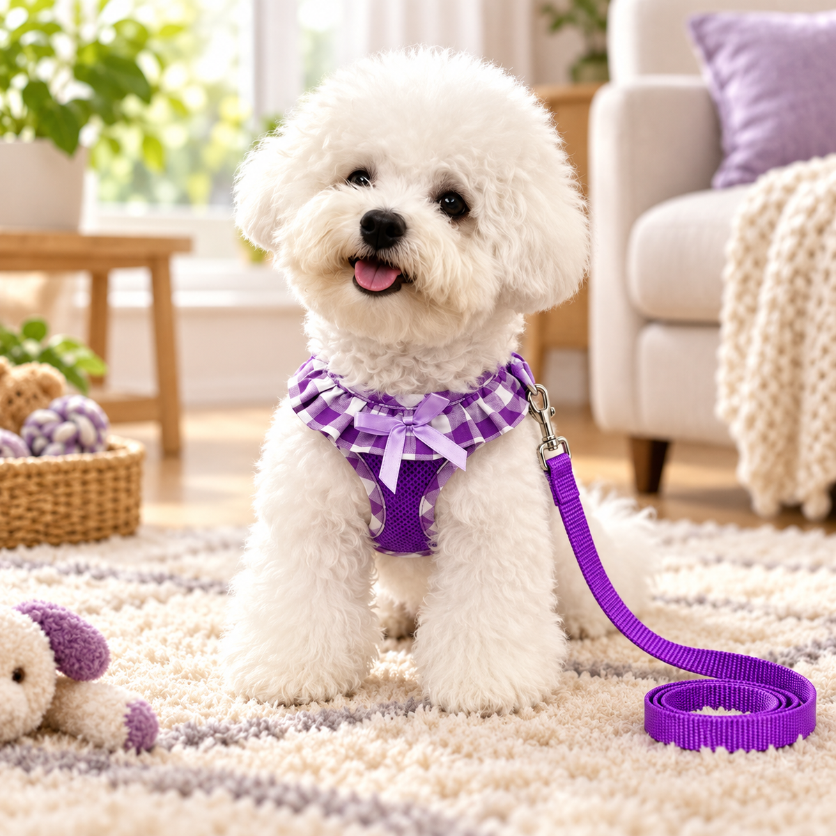 Purple Plaid Breathable Mesh Puppy Harness Set