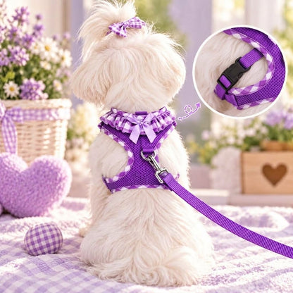 Purple Plaid Breathable Mesh Puppy Harness Set